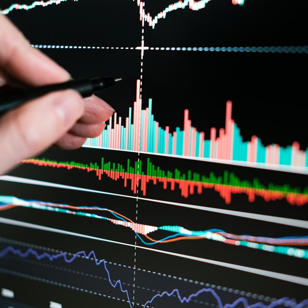 Working with stock market charts. Indicators and trading volumes. Trading. Candlestick chart.